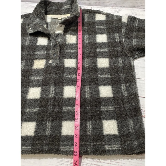 Loft Women Sherpa Plaid Black & White LS Jacket Snap Collar Size Large Pull Over - Picture 5 of 9